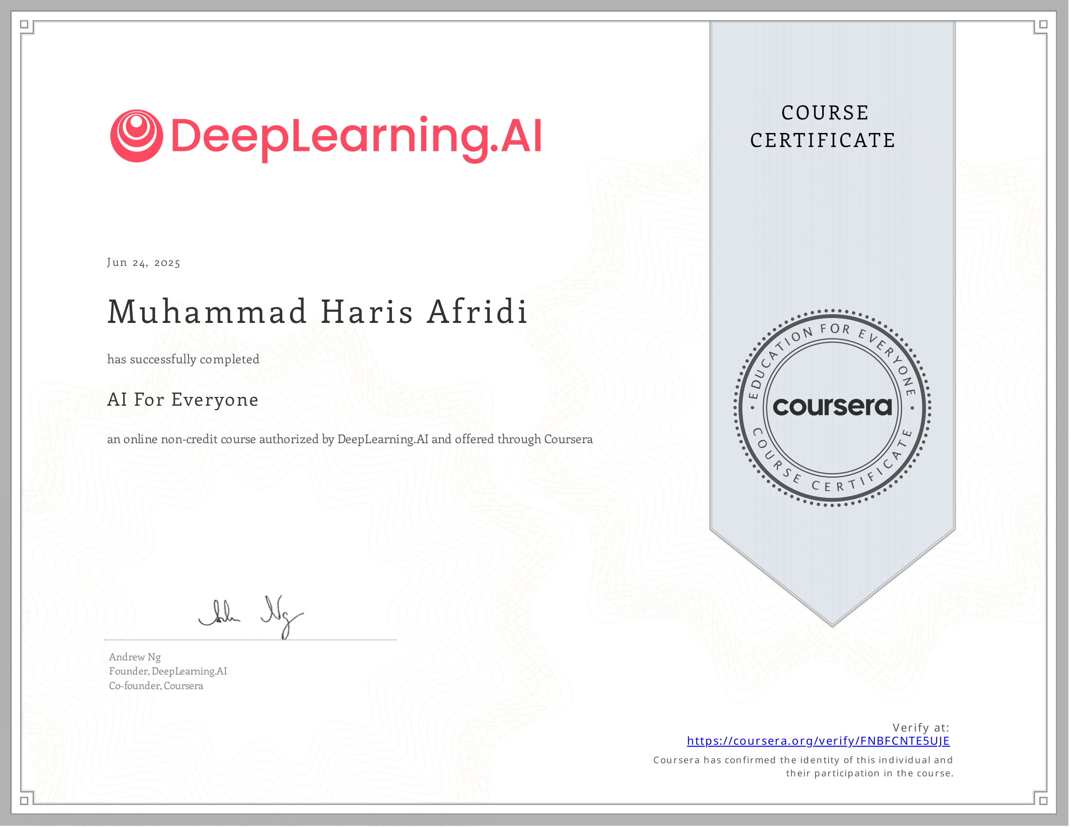 AI For Everyone Certificate